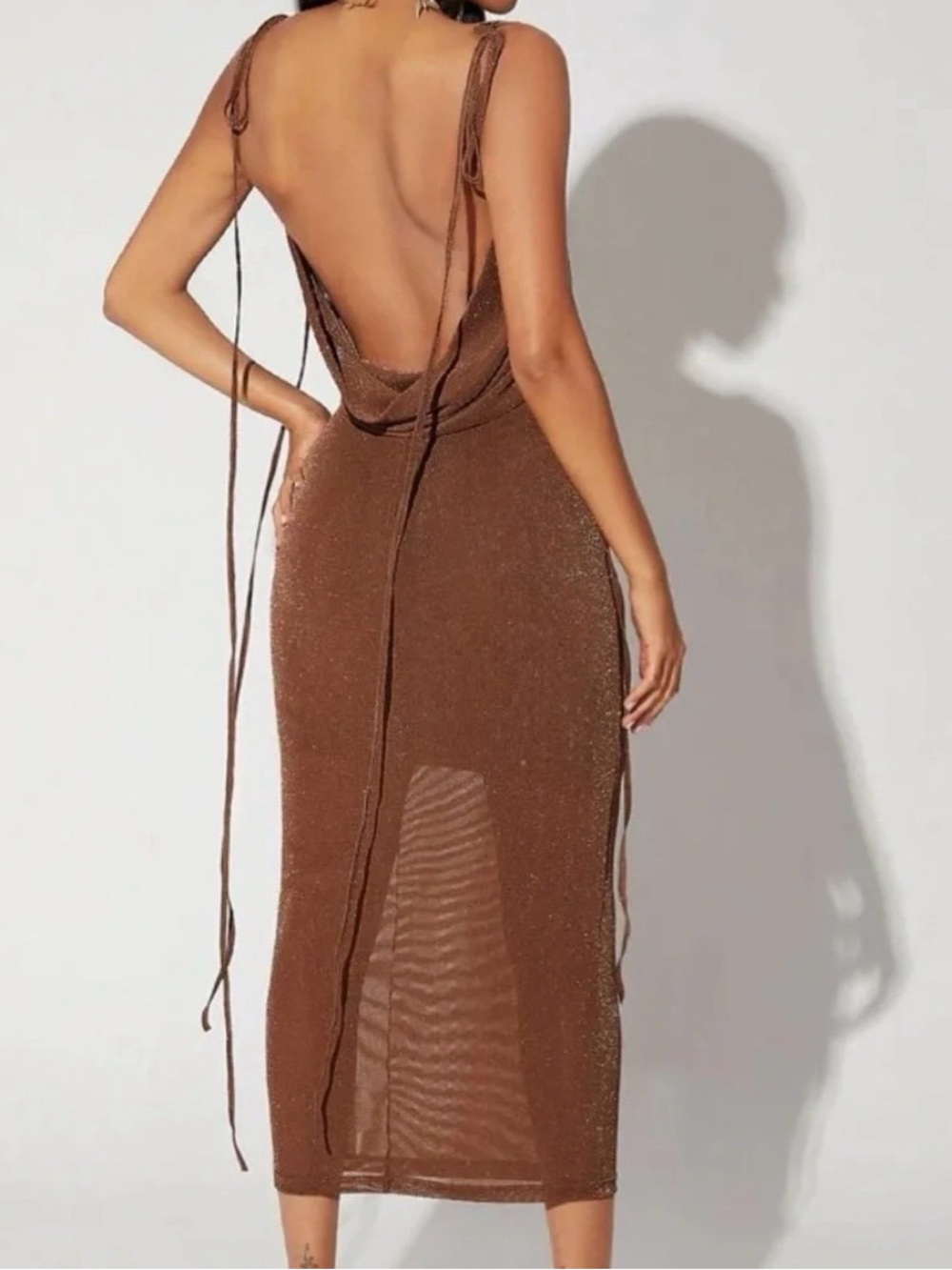 ✨Backless Brown Sheer shimmer Midi Dress